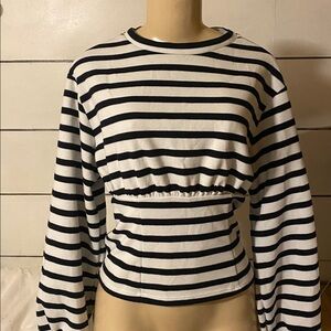 Anthropologie Maeve Black and White Striped Loose Sleeve waist cinching blouseXS